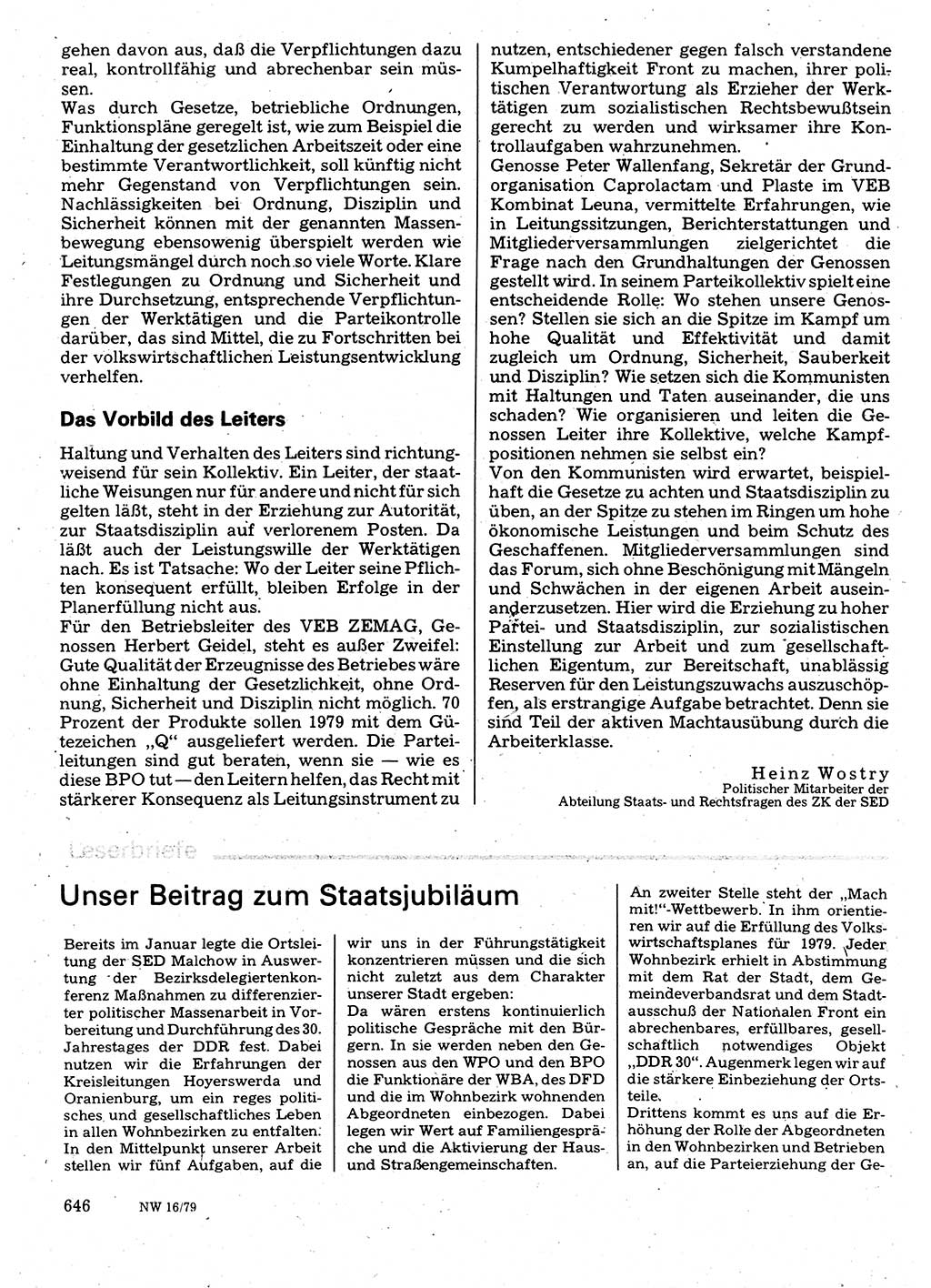 Neuer Weg (NW), Organ des Zentralkomitees (ZK) der SED (Sozialistische Einheitspartei Deutschlands) für Fragen des Parteilebens, 34. Jahrgang [Deutsche Demokratische Republik (DDR)] 1979, Seite 646 (NW ZK SED DDR 1979, S. 646)