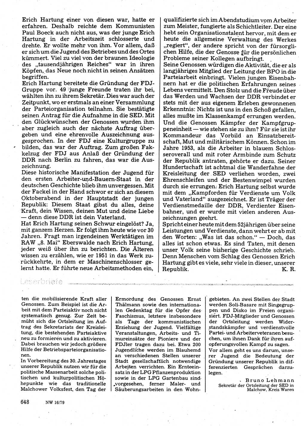 Neuer Weg (NW), Organ des Zentralkomitees (ZK) der SED (Sozialistische Einheitspartei Deutschlands) für Fragen des Parteilebens, 34. Jahrgang [Deutsche Demokratische Republik (DDR)] 1979, Seite 648 (NW ZK SED DDR 1979, S. 648)
