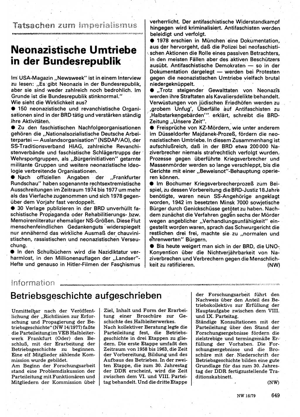 Neuer Weg (NW), Organ des Zentralkomitees (ZK) der SED (Sozialistische Einheitspartei Deutschlands) für Fragen des Parteilebens, 34. Jahrgang [Deutsche Demokratische Republik (DDR)] 1979, Seite 649 (NW ZK SED DDR 1979, S. 649)