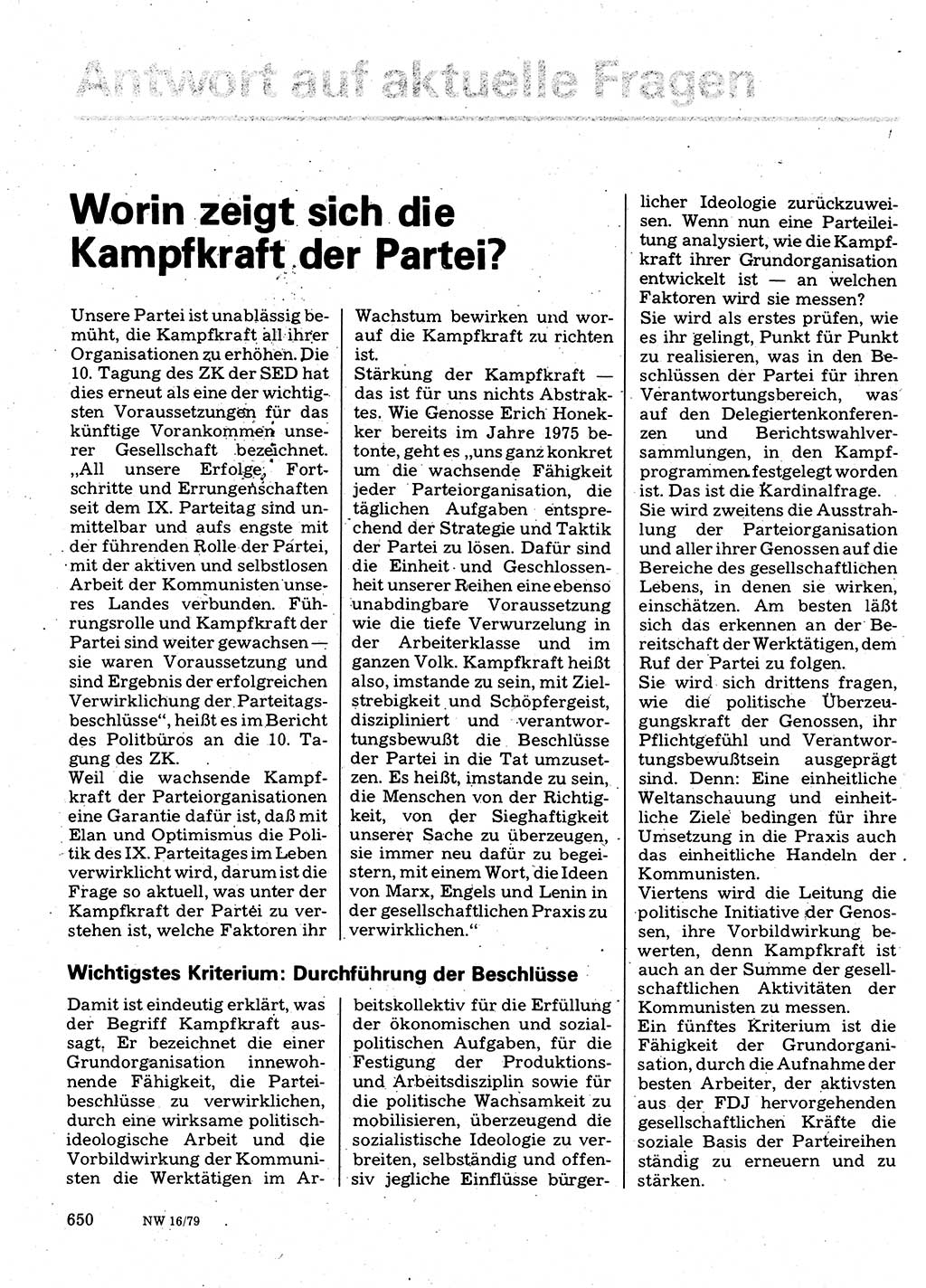 Neuer Weg (NW), Organ des Zentralkomitees (ZK) der SED (Sozialistische Einheitspartei Deutschlands) für Fragen des Parteilebens, 34. Jahrgang [Deutsche Demokratische Republik (DDR)] 1979, Seite 650 (NW ZK SED DDR 1979, S. 650)