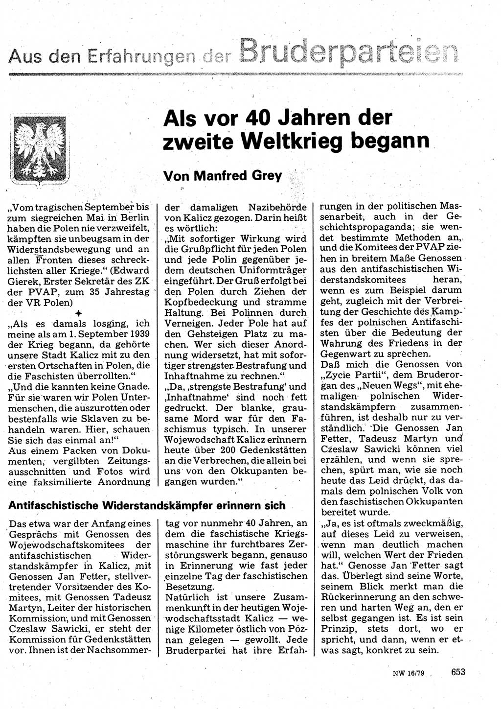Neuer Weg (NW), Organ des Zentralkomitees (ZK) der SED (Sozialistische Einheitspartei Deutschlands) für Fragen des Parteilebens, 34. Jahrgang [Deutsche Demokratische Republik (DDR)] 1979, Seite 653 (NW ZK SED DDR 1979, S. 653)