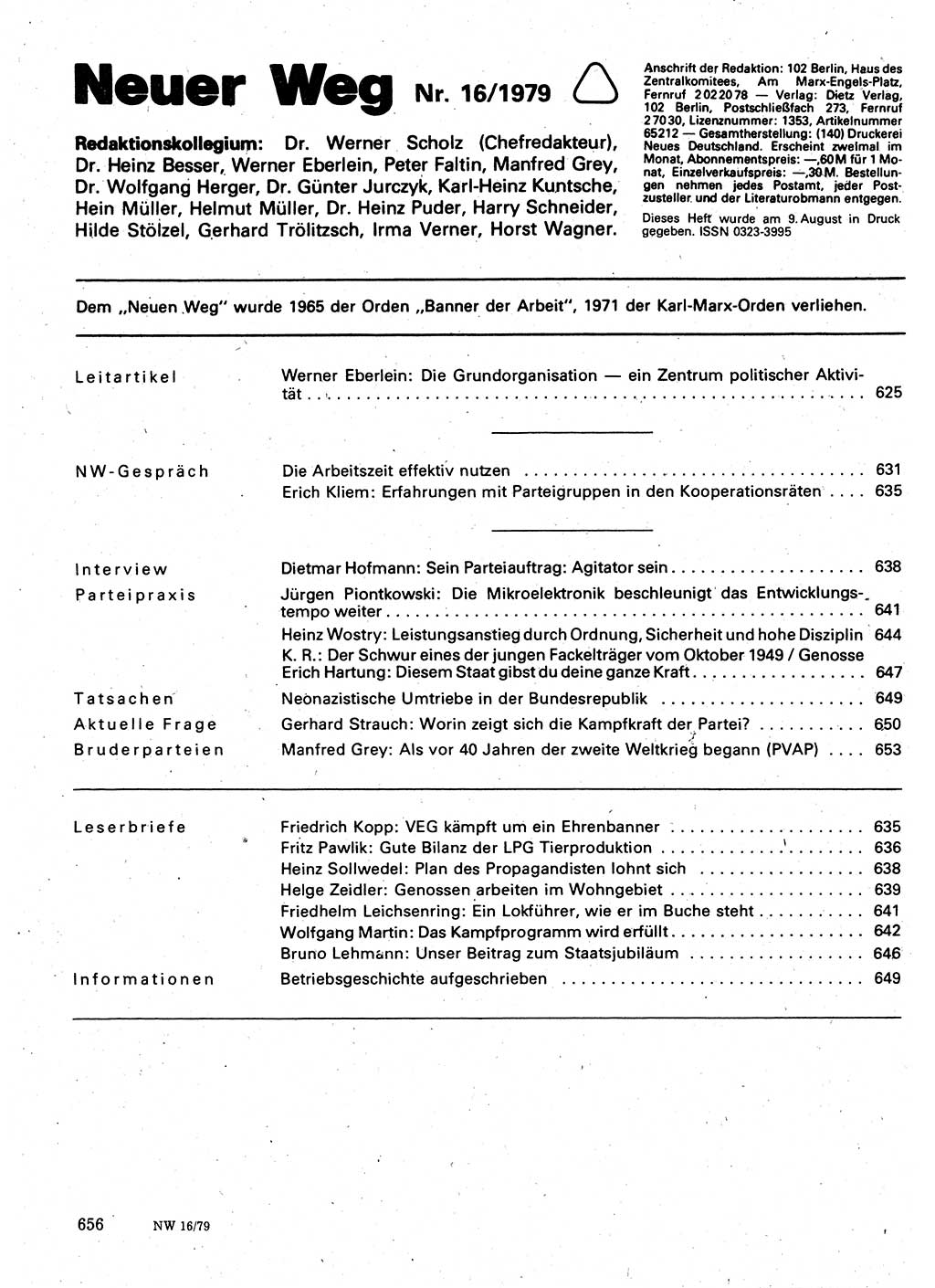Neuer Weg (NW), Organ des Zentralkomitees (ZK) der SED (Sozialistische Einheitspartei Deutschlands) für Fragen des Parteilebens, 34. Jahrgang [Deutsche Demokratische Republik (DDR)] 1979, Seite 656 (NW ZK SED DDR 1979, S. 656)