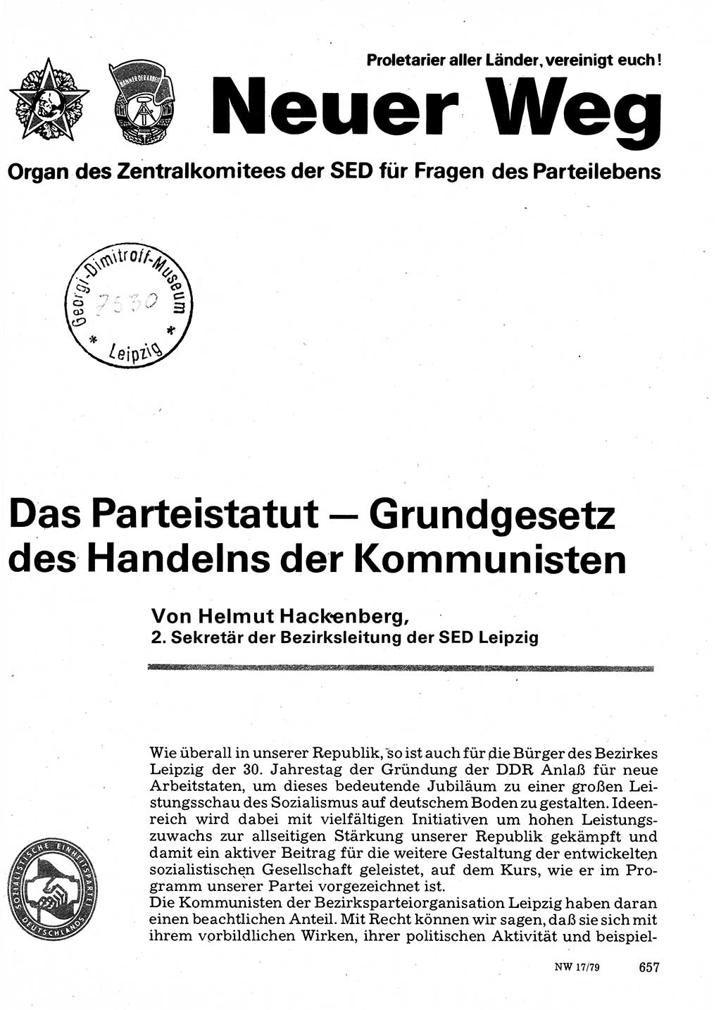 Neuer Weg (NW), Organ des Zentralkomitees (ZK) der SED (Sozialistische Einheitspartei Deutschlands) für Fragen des Parteilebens, 34. Jahrgang [Deutsche Demokratische Republik (DDR)] 1979, Seite 657 (NW ZK SED DDR 1979, S. 657)