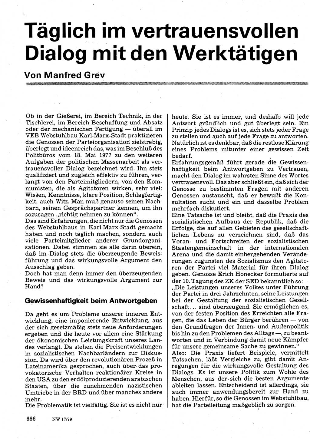 Neuer Weg (NW), Organ des Zentralkomitees (ZK) der SED (Sozialistische Einheitspartei Deutschlands) für Fragen des Parteilebens, 34. Jahrgang [Deutsche Demokratische Republik (DDR)] 1979, Seite 666 (NW ZK SED DDR 1979, S. 666)