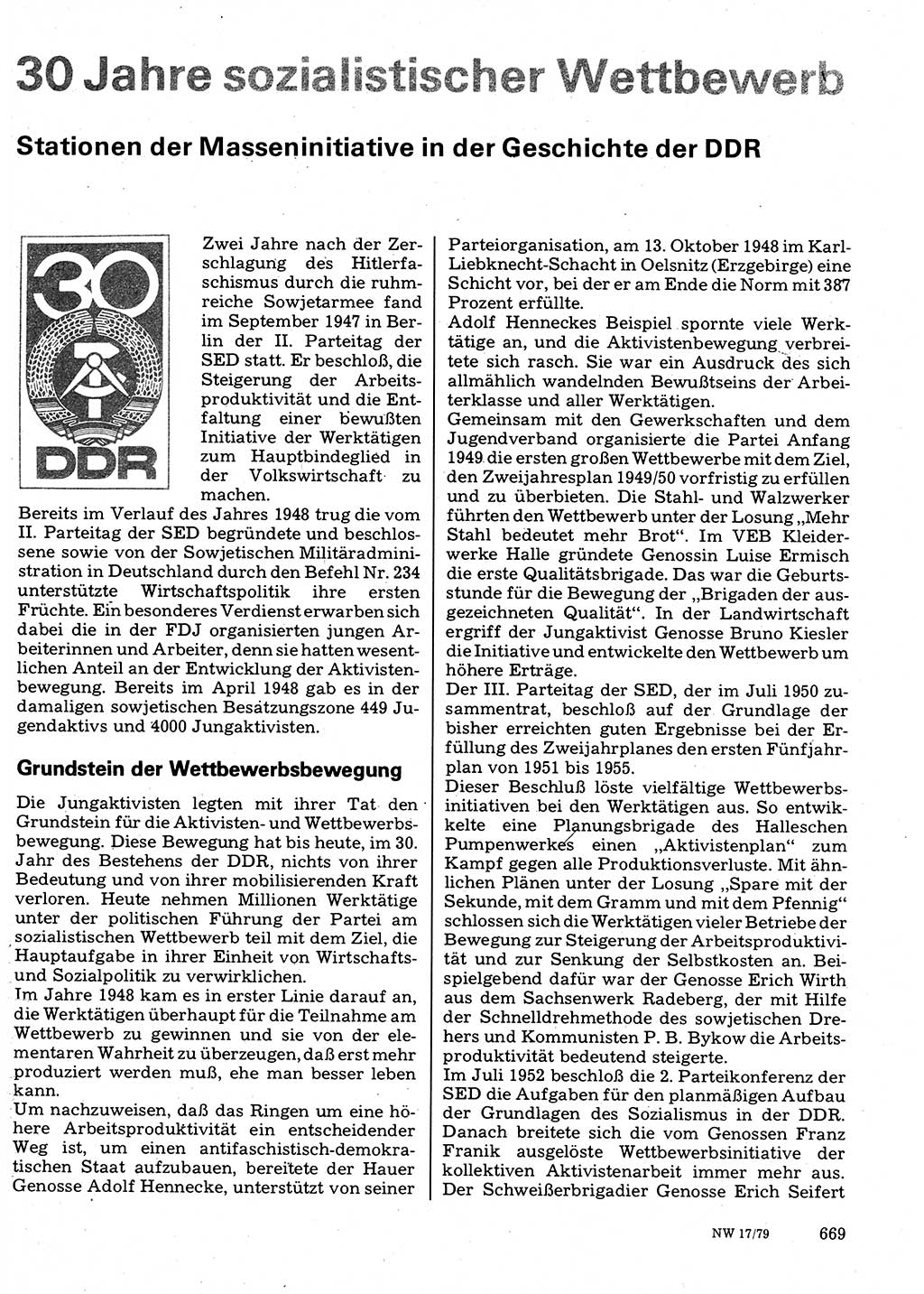 Neuer Weg (NW), Organ des Zentralkomitees (ZK) der SED (Sozialistische Einheitspartei Deutschlands) für Fragen des Parteilebens, 34. Jahrgang [Deutsche Demokratische Republik (DDR)] 1979, Seite 669 (NW ZK SED DDR 1979, S. 669)