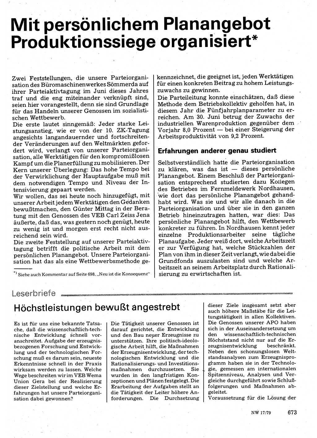 Neuer Weg (NW), Organ des Zentralkomitees (ZK) der SED (Sozialistische Einheitspartei Deutschlands) für Fragen des Parteilebens, 34. Jahrgang [Deutsche Demokratische Republik (DDR)] 1979, Seite 673 (NW ZK SED DDR 1979, S. 673)