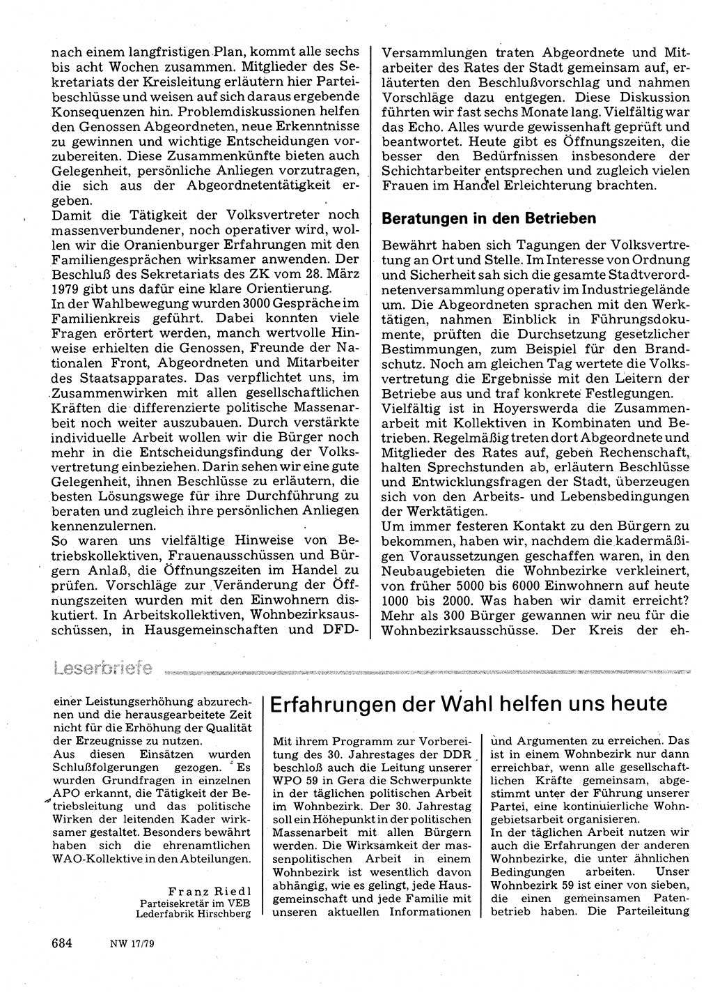 Neuer Weg (NW), Organ des Zentralkomitees (ZK) der SED (Sozialistische Einheitspartei Deutschlands) für Fragen des Parteilebens, 34. Jahrgang [Deutsche Demokratische Republik (DDR)] 1979, Seite 684 (NW ZK SED DDR 1979, S. 684)