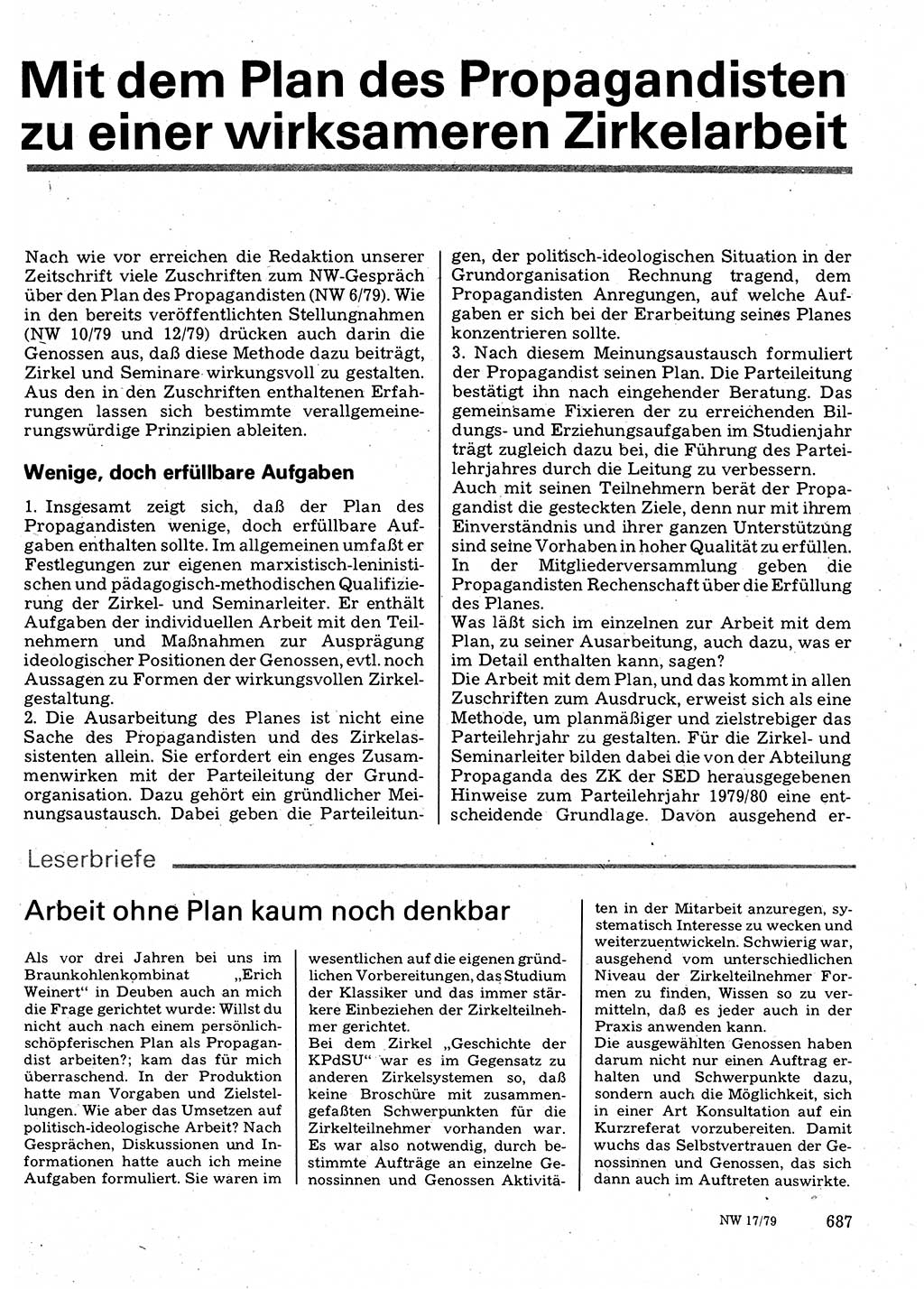 Neuer Weg (NW), Organ des Zentralkomitees (ZK) der SED (Sozialistische Einheitspartei Deutschlands) für Fragen des Parteilebens, 34. Jahrgang [Deutsche Demokratische Republik (DDR)] 1979, Seite 687 (NW ZK SED DDR 1979, S. 687)