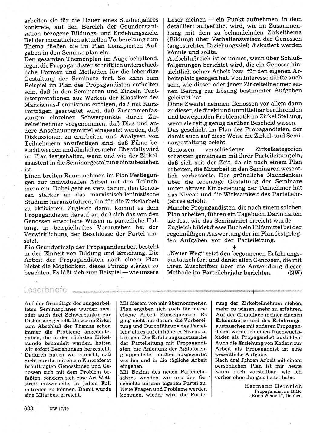Neuer Weg (NW), Organ des Zentralkomitees (ZK) der SED (Sozialistische Einheitspartei Deutschlands) für Fragen des Parteilebens, 34. Jahrgang [Deutsche Demokratische Republik (DDR)] 1979, Seite 688 (NW ZK SED DDR 1979, S. 688)