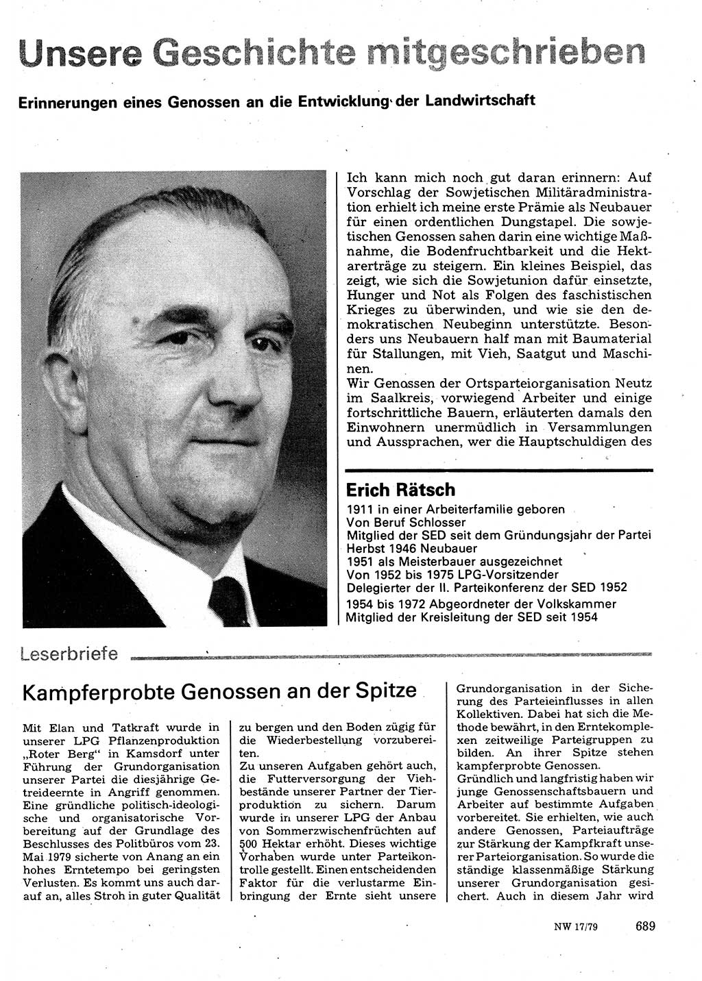 Neuer Weg (NW), Organ des Zentralkomitees (ZK) der SED (Sozialistische Einheitspartei Deutschlands) für Fragen des Parteilebens, 34. Jahrgang [Deutsche Demokratische Republik (DDR)] 1979, Seite 689 (NW ZK SED DDR 1979, S. 689)