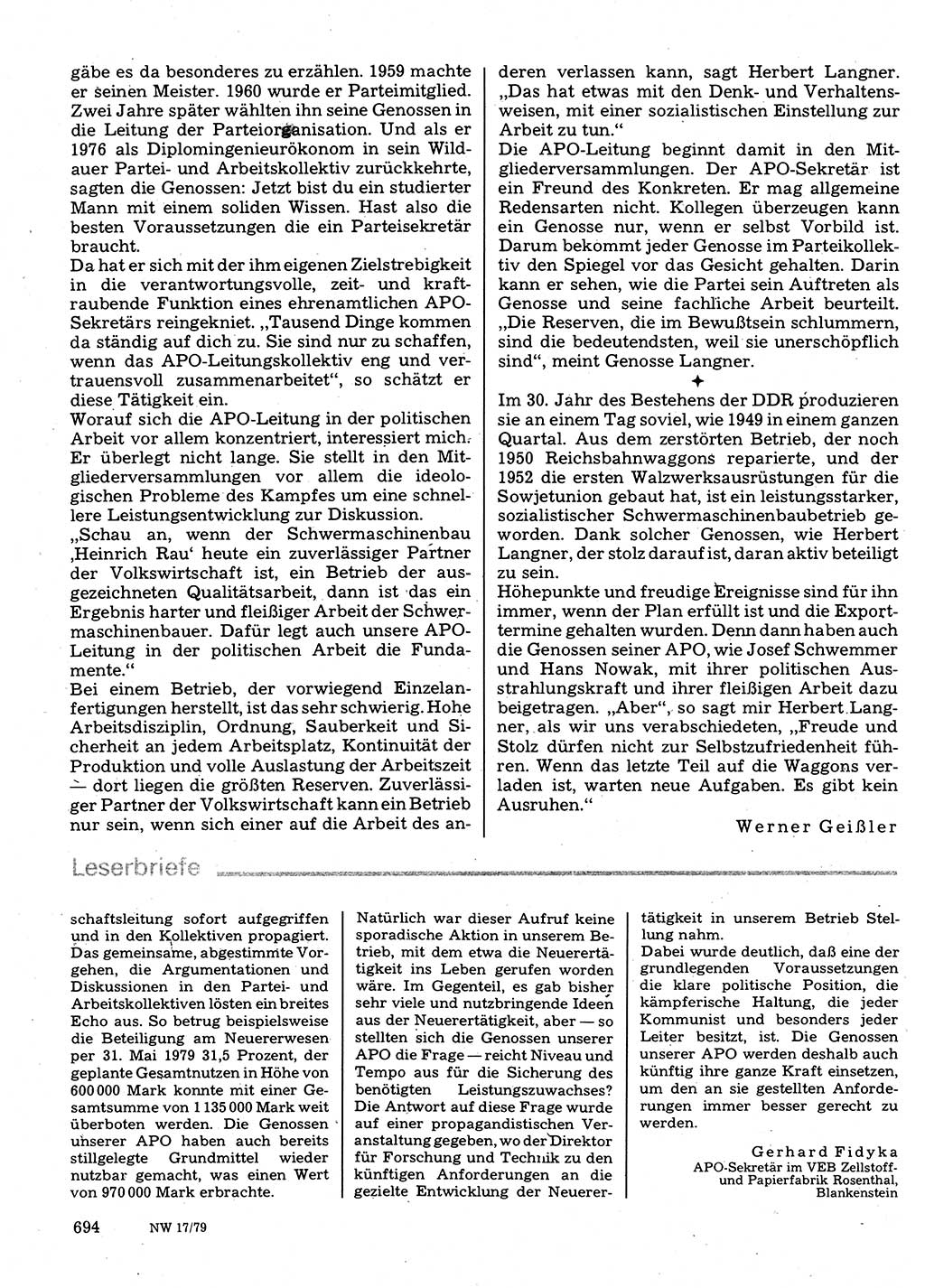 Neuer Weg (NW), Organ des Zentralkomitees (ZK) der SED (Sozialistische Einheitspartei Deutschlands) für Fragen des Parteilebens, 34. Jahrgang [Deutsche Demokratische Republik (DDR)] 1979, Seite 694 (NW ZK SED DDR 1979, S. 694)