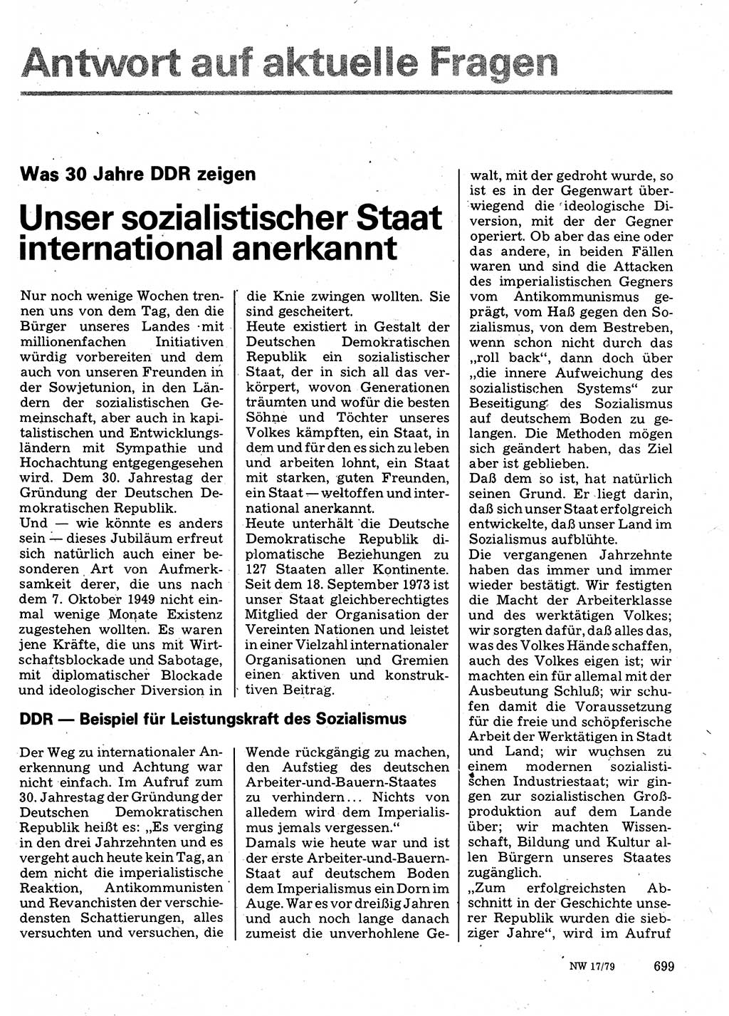 Neuer Weg (NW), Organ des Zentralkomitees (ZK) der SED (Sozialistische Einheitspartei Deutschlands) für Fragen des Parteilebens, 34. Jahrgang [Deutsche Demokratische Republik (DDR)] 1979, Seite 699 (NW ZK SED DDR 1979, S. 699)