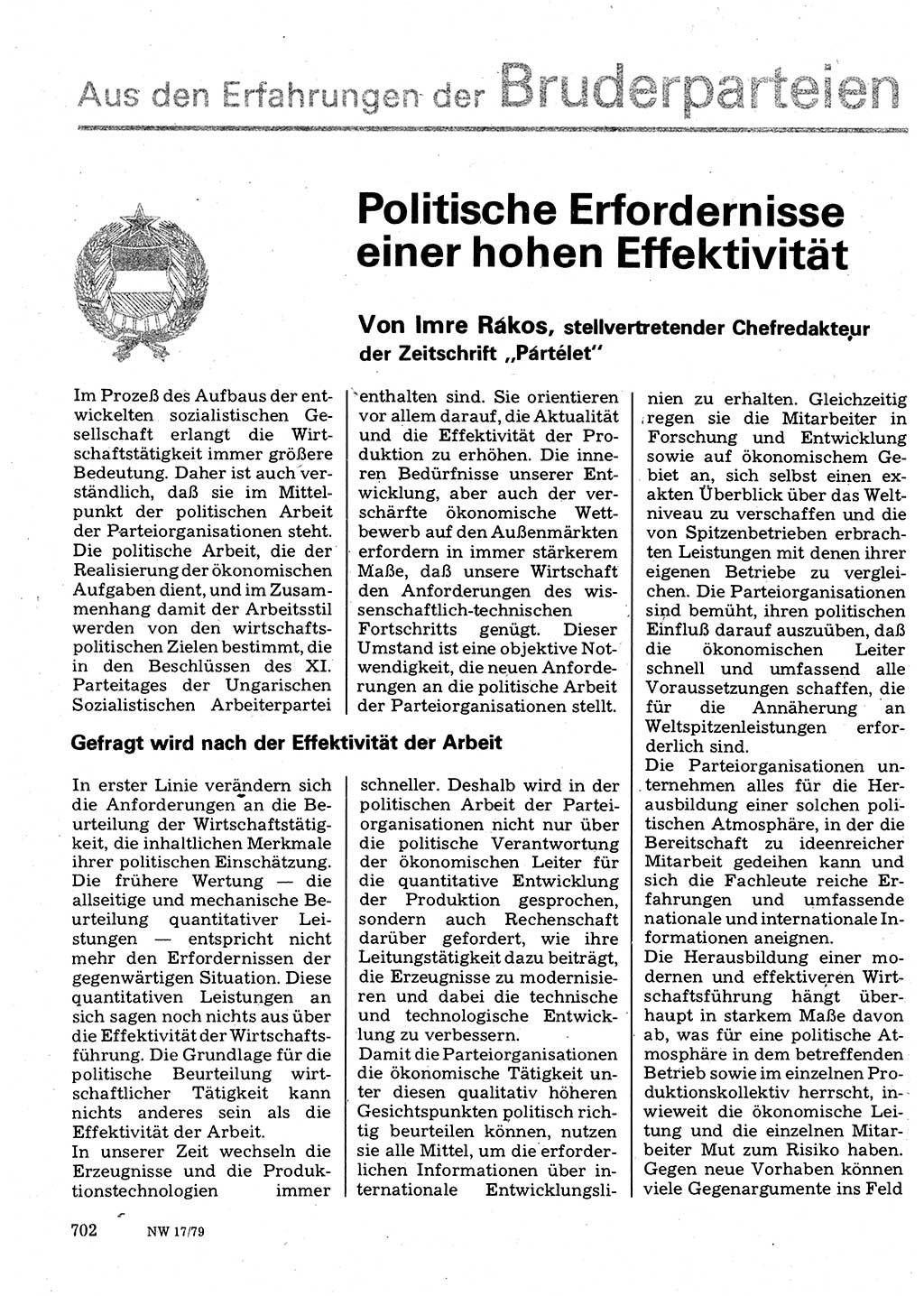 Neuer Weg (NW), Organ des Zentralkomitees (ZK) der SED (Sozialistische Einheitspartei Deutschlands) für Fragen des Parteilebens, 34. Jahrgang [Deutsche Demokratische Republik (DDR)] 1979, Seite 702 (NW ZK SED DDR 1979, S. 702)