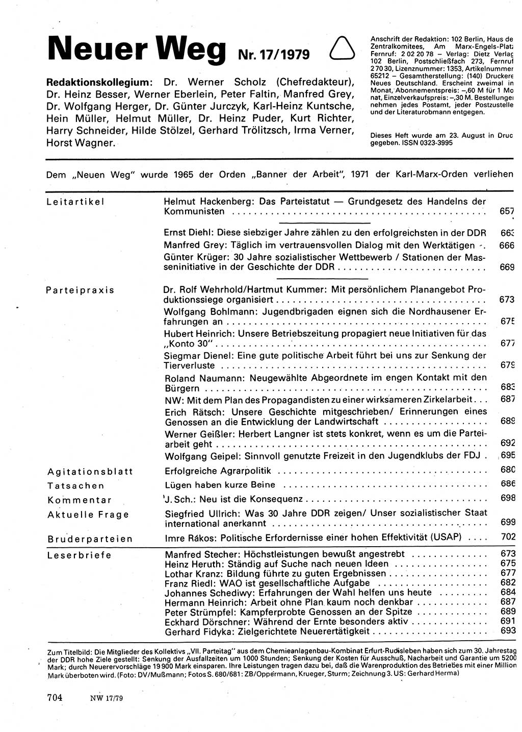 Neuer Weg (NW), Organ des Zentralkomitees (ZK) der SED (Sozialistische Einheitspartei Deutschlands) für Fragen des Parteilebens, 34. Jahrgang [Deutsche Demokratische Republik (DDR)] 1979, Seite 704 (NW ZK SED DDR 1979, S. 704)