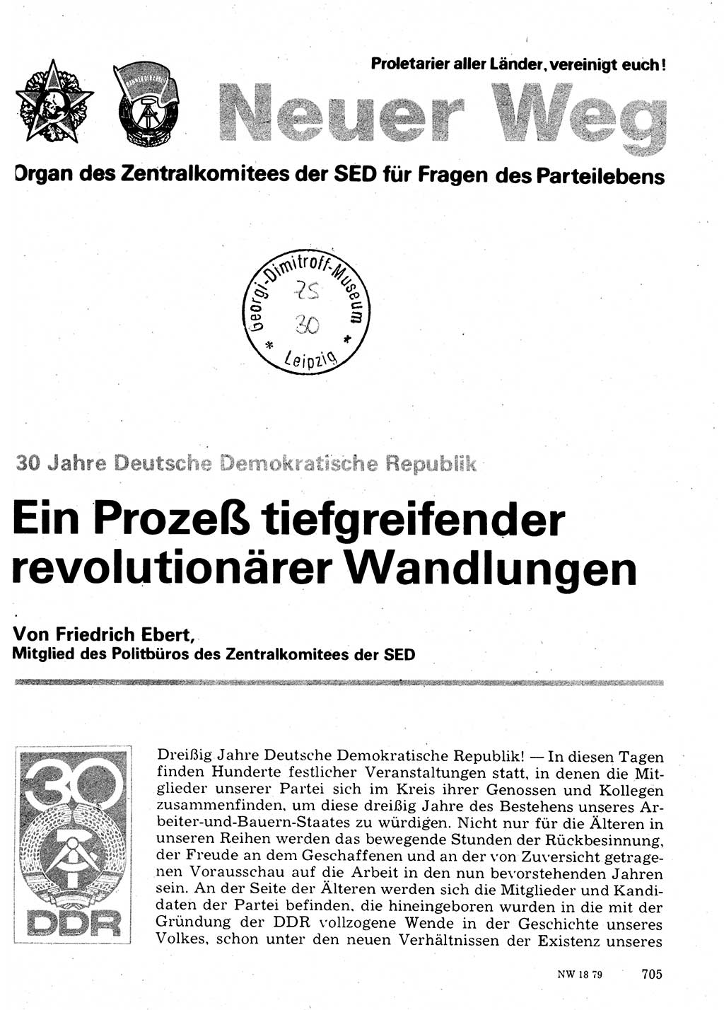 Neuer Weg (NW), Organ des Zentralkomitees (ZK) der SED (Sozialistische Einheitspartei Deutschlands) für Fragen des Parteilebens, 34. Jahrgang [Deutsche Demokratische Republik (DDR)] 1979, Seite 705 (NW ZK SED DDR 1979, S. 705)