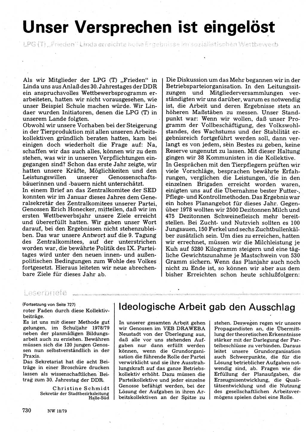 Neuer Weg (NW), Organ des Zentralkomitees (ZK) der SED (Sozialistische Einheitspartei Deutschlands) für Fragen des Parteilebens, 34. Jahrgang [Deutsche Demokratische Republik (DDR)] 1979, Seite 730 (NW ZK SED DDR 1979, S. 730)