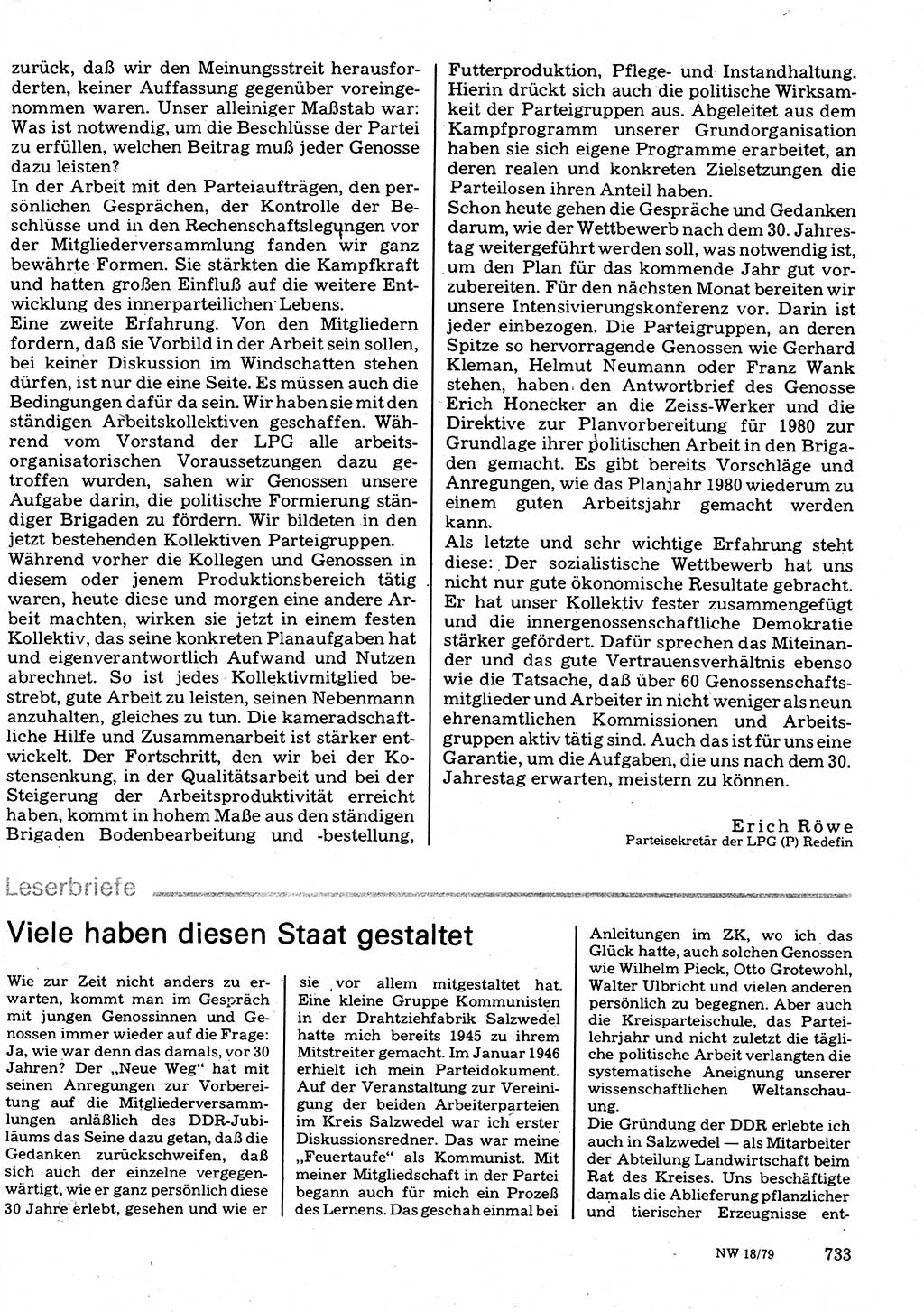 Neuer Weg (NW), Organ des Zentralkomitees (ZK) der SED (Sozialistische Einheitspartei Deutschlands) für Fragen des Parteilebens, 34. Jahrgang [Deutsche Demokratische Republik (DDR)] 1979, Seite 733 (NW ZK SED DDR 1979, S. 733)