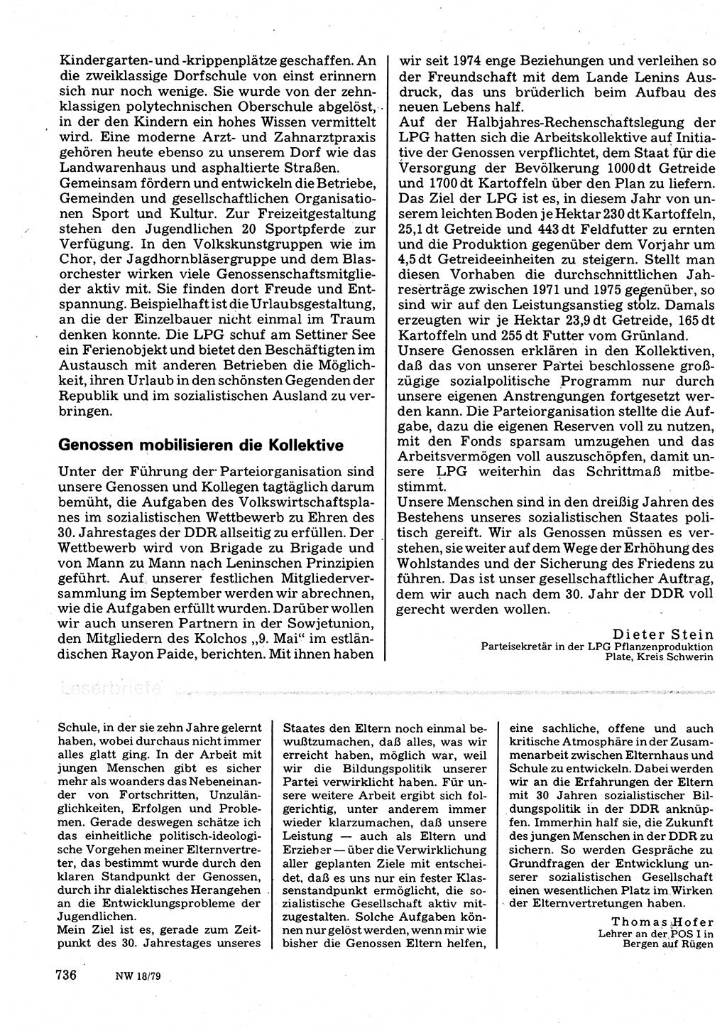 Neuer Weg (NW), Organ des Zentralkomitees (ZK) der SED (Sozialistische Einheitspartei Deutschlands) für Fragen des Parteilebens, 34. Jahrgang [Deutsche Demokratische Republik (DDR)] 1979, Seite 736 (NW ZK SED DDR 1979, S. 736)