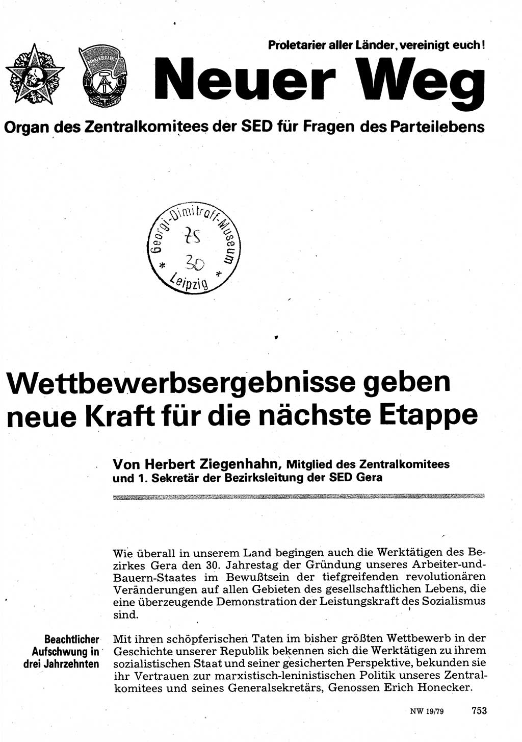 Neuer Weg (NW), Organ des Zentralkomitees (ZK) der SED (Sozialistische Einheitspartei Deutschlands) für Fragen des Parteilebens, 34. Jahrgang [Deutsche Demokratische Republik (DDR)] 1979, Seite 753 (NW ZK SED DDR 1979, S. 753)
