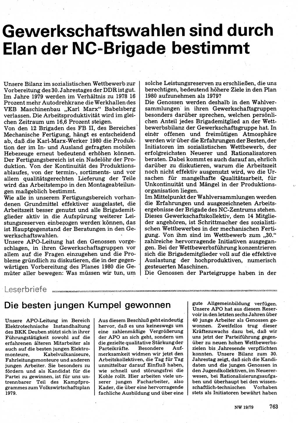 Neuer Weg (NW), Organ des Zentralkomitees (ZK) der SED (Sozialistische Einheitspartei Deutschlands) für Fragen des Parteilebens, 34. Jahrgang [Deutsche Demokratische Republik (DDR)] 1979, Seite 763 (NW ZK SED DDR 1979, S. 763)