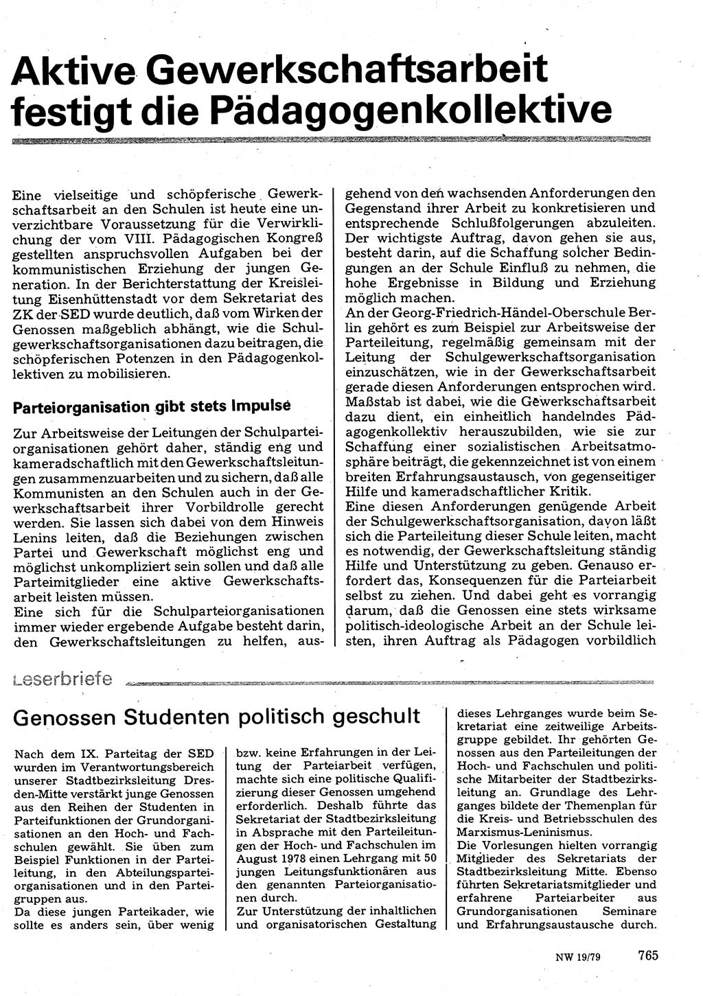 Neuer Weg (NW), Organ des Zentralkomitees (ZK) der SED (Sozialistische Einheitspartei Deutschlands) für Fragen des Parteilebens, 34. Jahrgang [Deutsche Demokratische Republik (DDR)] 1979, Seite 765 (NW ZK SED DDR 1979, S. 765)
