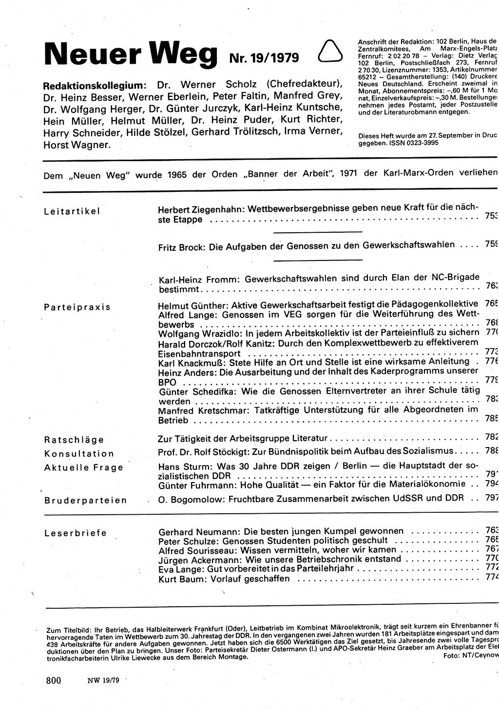Neuer Weg (NW), Organ des Zentralkomitees (ZK) der SED (Sozialistische Einheitspartei Deutschlands) für Fragen des Parteilebens, 34. Jahrgang [Deutsche Demokratische Republik (DDR)] 1979, Seite 800 (NW ZK SED DDR 1979, S. 800)