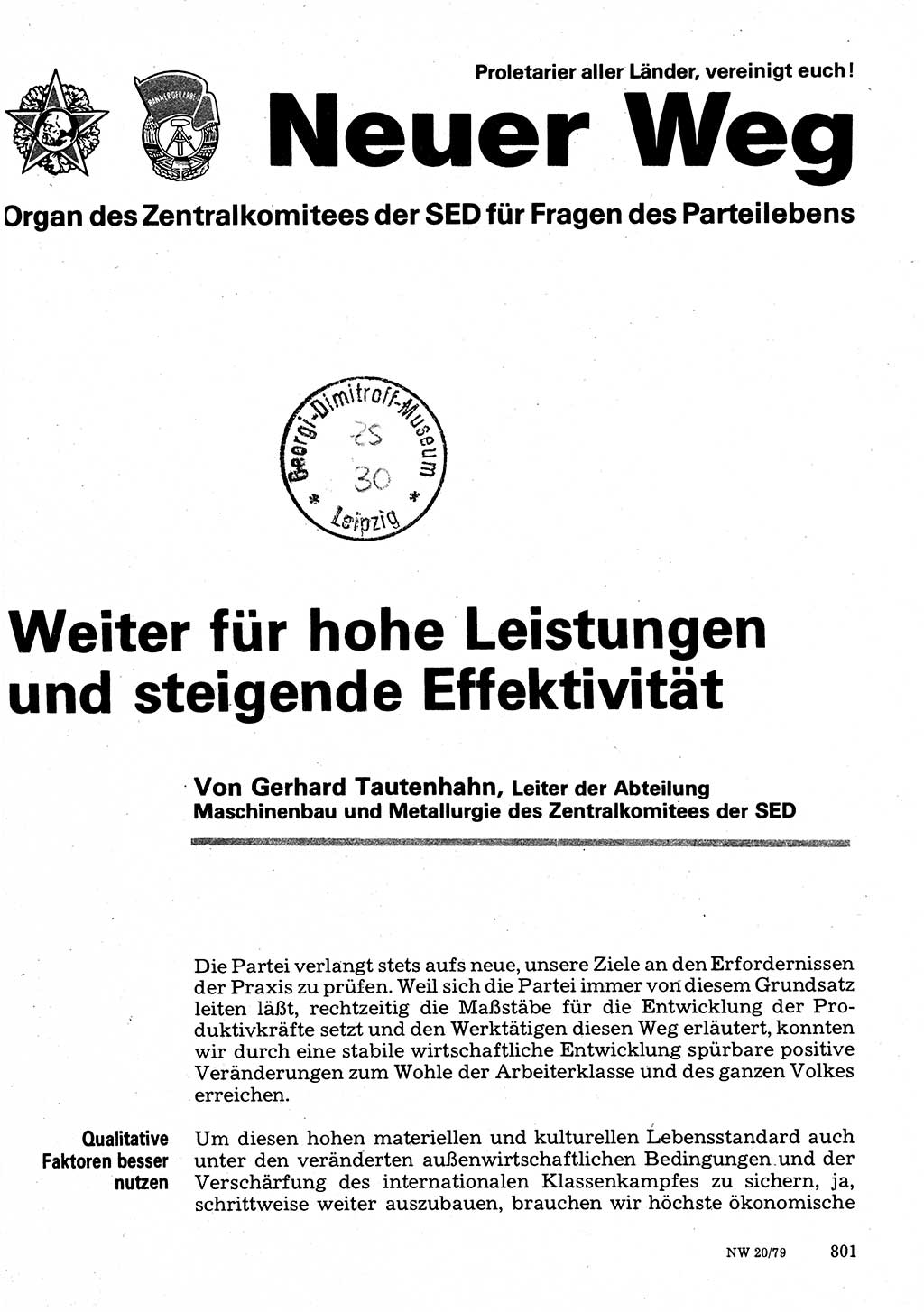 Neuer Weg (NW), Organ des Zentralkomitees (ZK) der SED (Sozialistische Einheitspartei Deutschlands) für Fragen des Parteilebens, 34. Jahrgang [Deutsche Demokratische Republik (DDR)] 1979, Seite 801 (NW ZK SED DDR 1979, S. 801)
