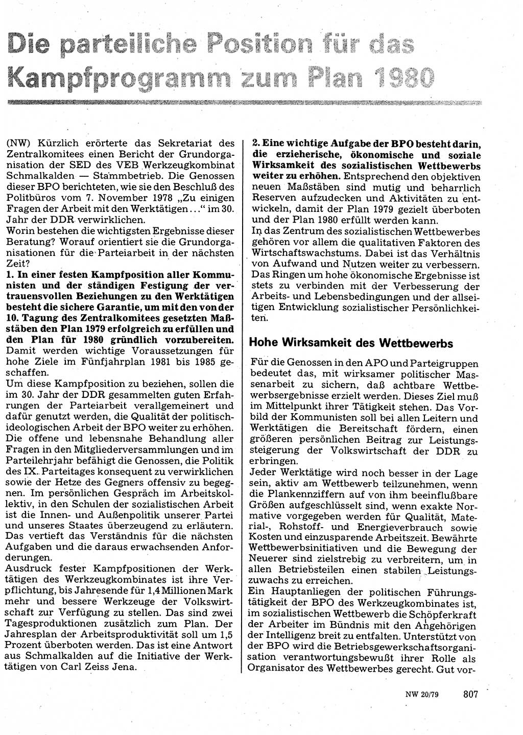 Neuer Weg (NW), Organ des Zentralkomitees (ZK) der SED (Sozialistische Einheitspartei Deutschlands) für Fragen des Parteilebens, 34. Jahrgang [Deutsche Demokratische Republik (DDR)] 1979, Seite 807 (NW ZK SED DDR 1979, S. 807)