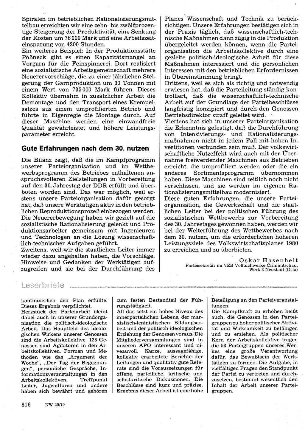 Neuer Weg (NW), Organ des Zentralkomitees (ZK) der SED (Sozialistische Einheitspartei Deutschlands) für Fragen des Parteilebens, 34. Jahrgang [Deutsche Demokratische Republik (DDR)] 1979, Seite 816 (NW ZK SED DDR 1979, S. 816)