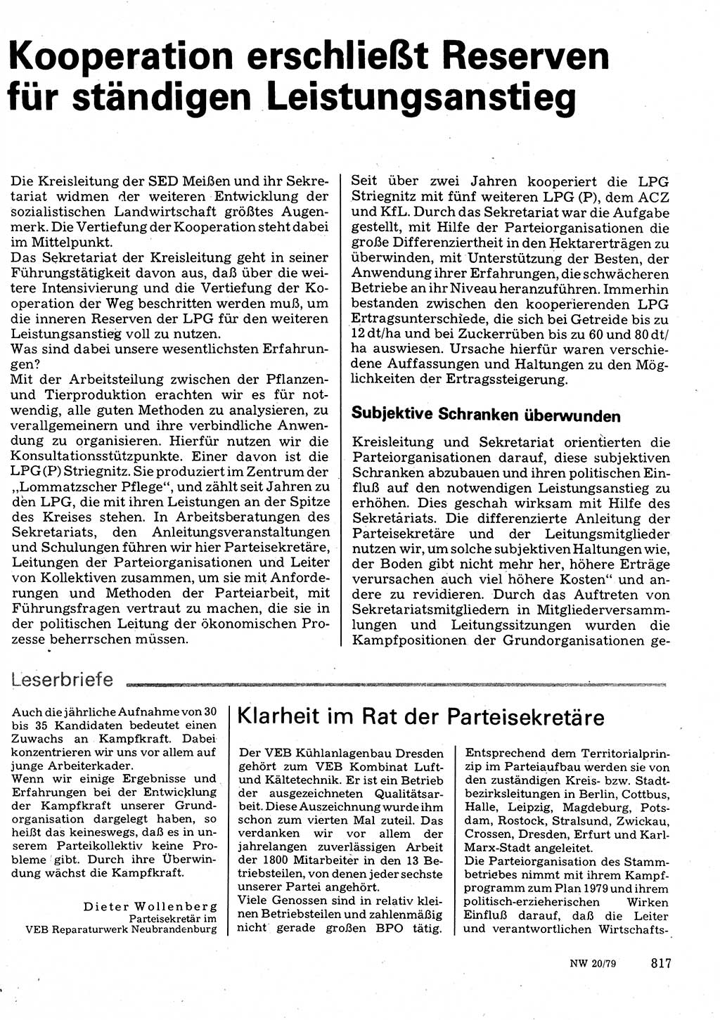 Neuer Weg (NW), Organ des Zentralkomitees (ZK) der SED (Sozialistische Einheitspartei Deutschlands) für Fragen des Parteilebens, 34. Jahrgang [Deutsche Demokratische Republik (DDR)] 1979, Seite 817 (NW ZK SED DDR 1979, S. 817)