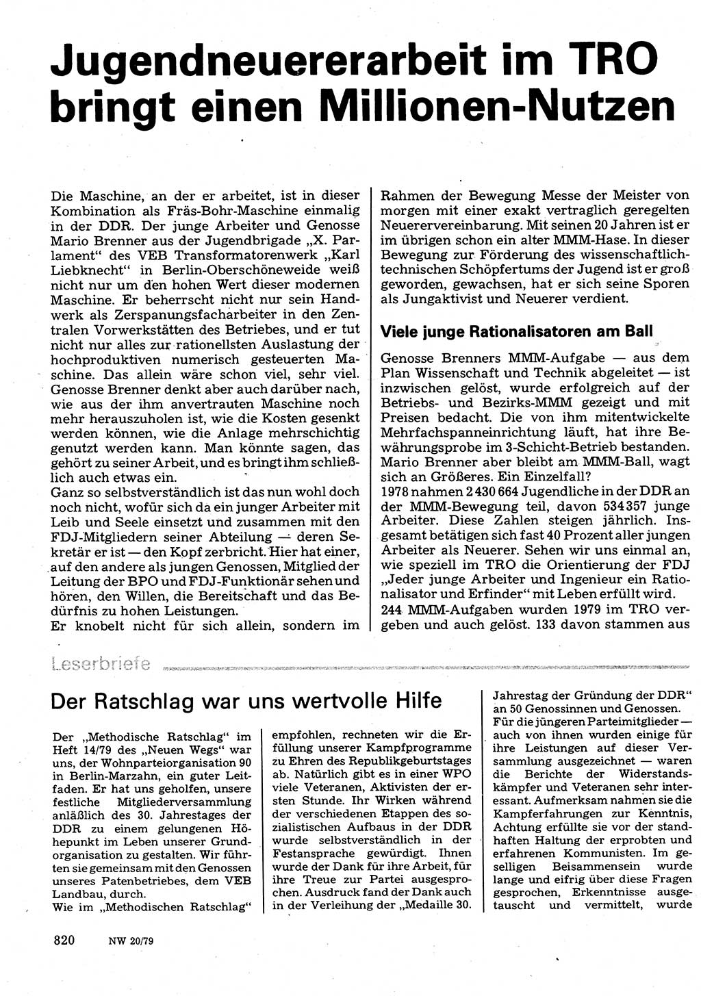 Neuer Weg (NW), Organ des Zentralkomitees (ZK) der SED (Sozialistische Einheitspartei Deutschlands) für Fragen des Parteilebens, 34. Jahrgang [Deutsche Demokratische Republik (DDR)] 1979, Seite 820 (NW ZK SED DDR 1979, S. 820)