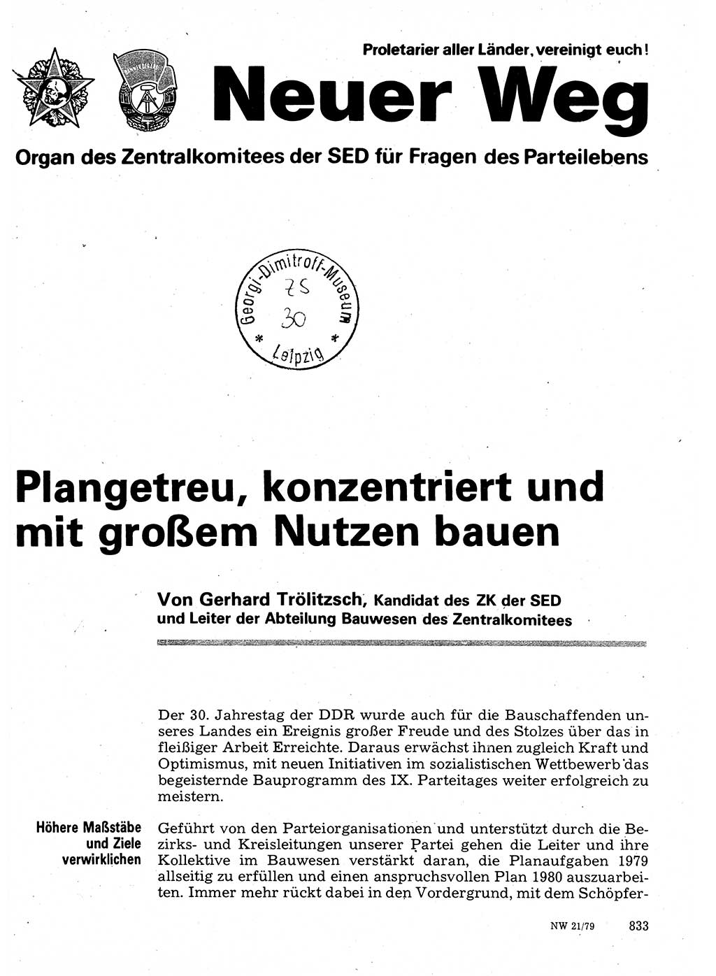 Neuer Weg (NW), Organ des Zentralkomitees (ZK) der SED (Sozialistische Einheitspartei Deutschlands) für Fragen des Parteilebens, 34. Jahrgang [Deutsche Demokratische Republik (DDR)] 1979, Seite 833 (NW ZK SED DDR 1979, S. 833)