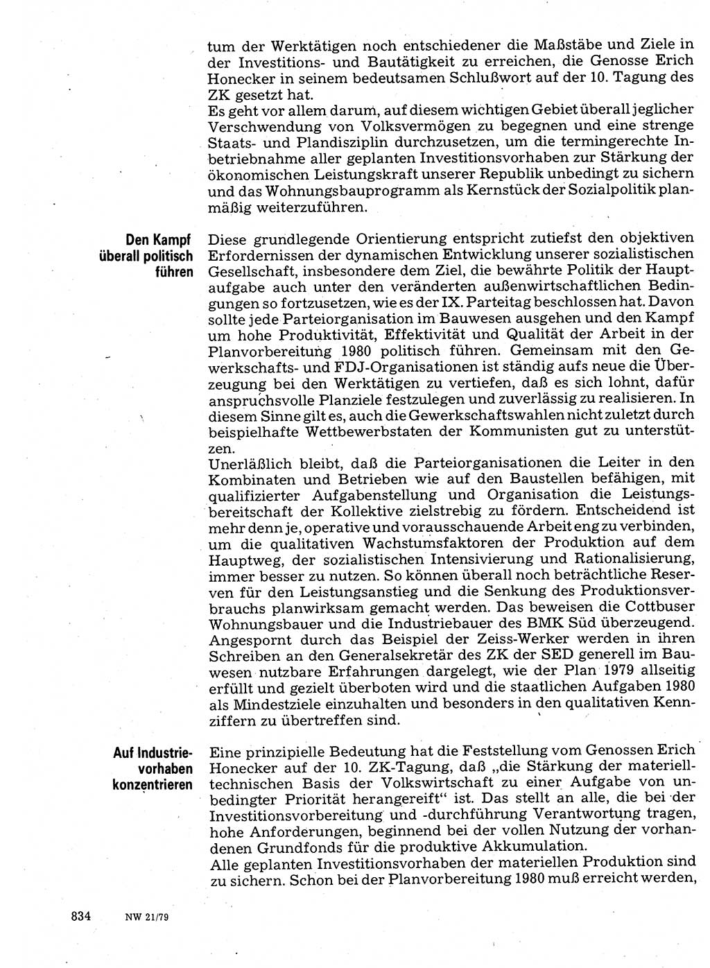 Neuer Weg (NW), Organ des Zentralkomitees (ZK) der SED (Sozialistische Einheitspartei Deutschlands) für Fragen des Parteilebens, 34. Jahrgang [Deutsche Demokratische Republik (DDR)] 1979, Seite 834 (NW ZK SED DDR 1979, S. 834)