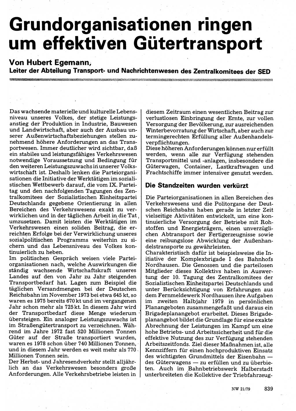 Neuer Weg (NW), Organ des Zentralkomitees (ZK) der SED (Sozialistische Einheitspartei Deutschlands) für Fragen des Parteilebens, 34. Jahrgang [Deutsche Demokratische Republik (DDR)] 1979, Seite 839 (NW ZK SED DDR 1979, S. 839)