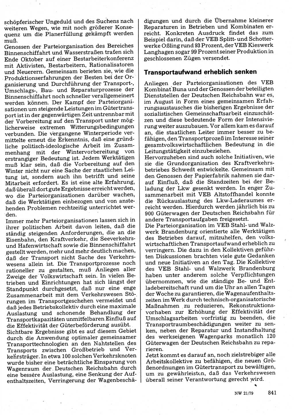 Neuer Weg (NW), Organ des Zentralkomitees (ZK) der SED (Sozialistische Einheitspartei Deutschlands) für Fragen des Parteilebens, 34. Jahrgang [Deutsche Demokratische Republik (DDR)] 1979, Seite 841 (NW ZK SED DDR 1979, S. 841)