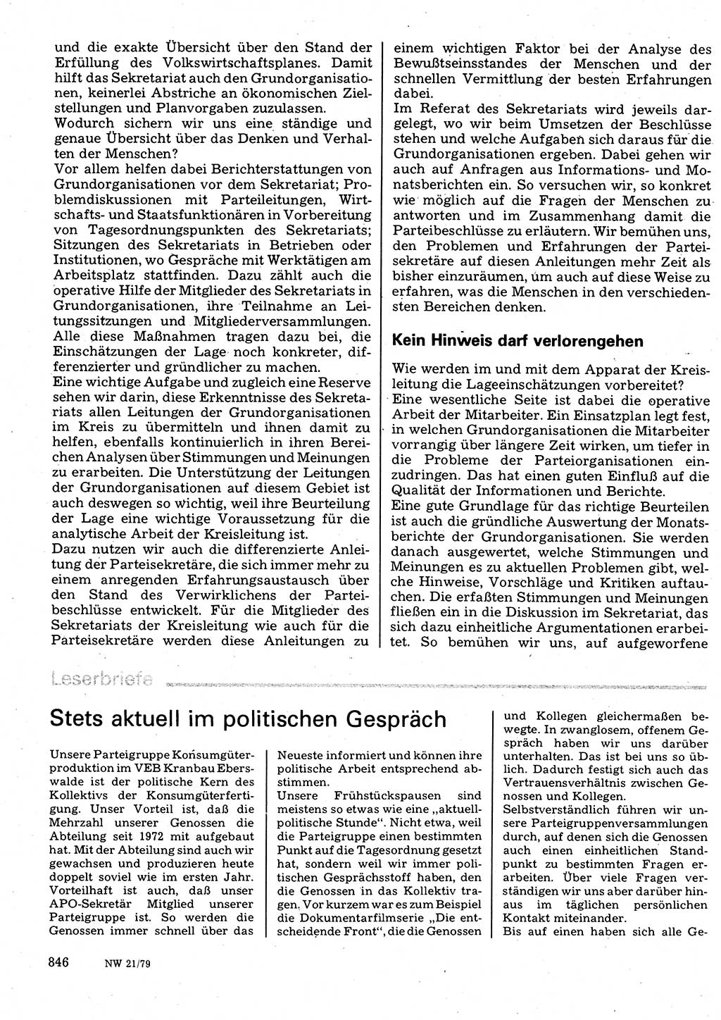 Neuer Weg (NW), Organ des Zentralkomitees (ZK) der SED (Sozialistische Einheitspartei Deutschlands) für Fragen des Parteilebens, 34. Jahrgang [Deutsche Demokratische Republik (DDR)] 1979, Seite 846 (NW ZK SED DDR 1979, S. 846)