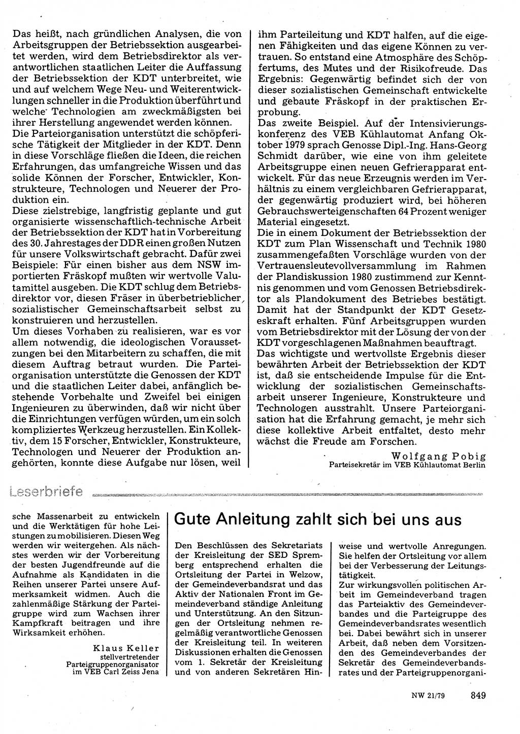 Neuer Weg (NW), Organ des Zentralkomitees (ZK) der SED (Sozialistische Einheitspartei Deutschlands) für Fragen des Parteilebens, 34. Jahrgang [Deutsche Demokratische Republik (DDR)] 1979, Seite 849 (NW ZK SED DDR 1979, S. 849)