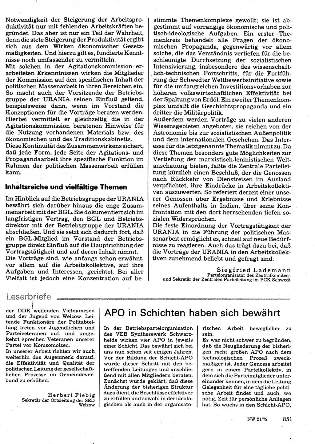 Neuer Weg (NW), Organ des Zentralkomitees (ZK) der SED (Sozialistische Einheitspartei Deutschlands) für Fragen des Parteilebens, 34. Jahrgang [Deutsche Demokratische Republik (DDR)] 1979, Seite 851 (NW ZK SED DDR 1979, S. 851)