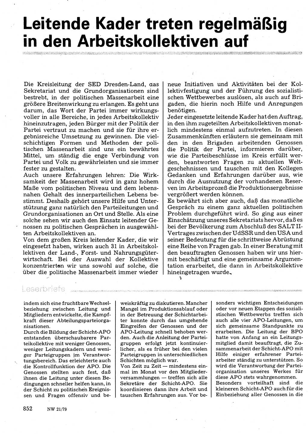 Neuer Weg (NW), Organ des Zentralkomitees (ZK) der SED (Sozialistische Einheitspartei Deutschlands) für Fragen des Parteilebens, 34. Jahrgang [Deutsche Demokratische Republik (DDR)] 1979, Seite 852 (NW ZK SED DDR 1979, S. 852)