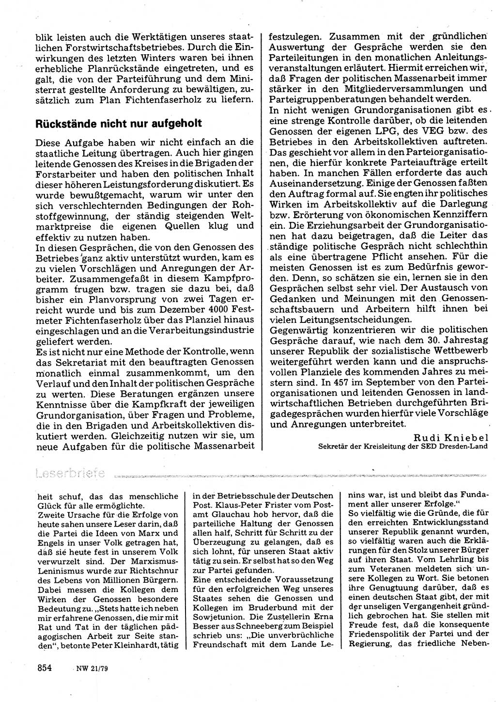 Neuer Weg (NW), Organ des Zentralkomitees (ZK) der SED (Sozialistische Einheitspartei Deutschlands) für Fragen des Parteilebens, 34. Jahrgang [Deutsche Demokratische Republik (DDR)] 1979, Seite 854 (NW ZK SED DDR 1979, S. 854)
