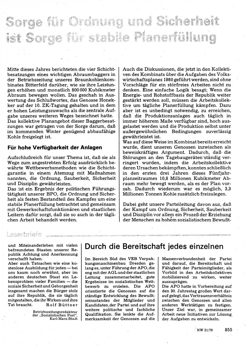 Neuer Weg (NW), Organ des Zentralkomitees (ZK) der SED (Sozialistische Einheitspartei Deutschlands) für Fragen des Parteilebens, 34. Jahrgang [Deutsche Demokratische Republik (DDR)] 1979, Seite 855 (NW ZK SED DDR 1979, S. 855)