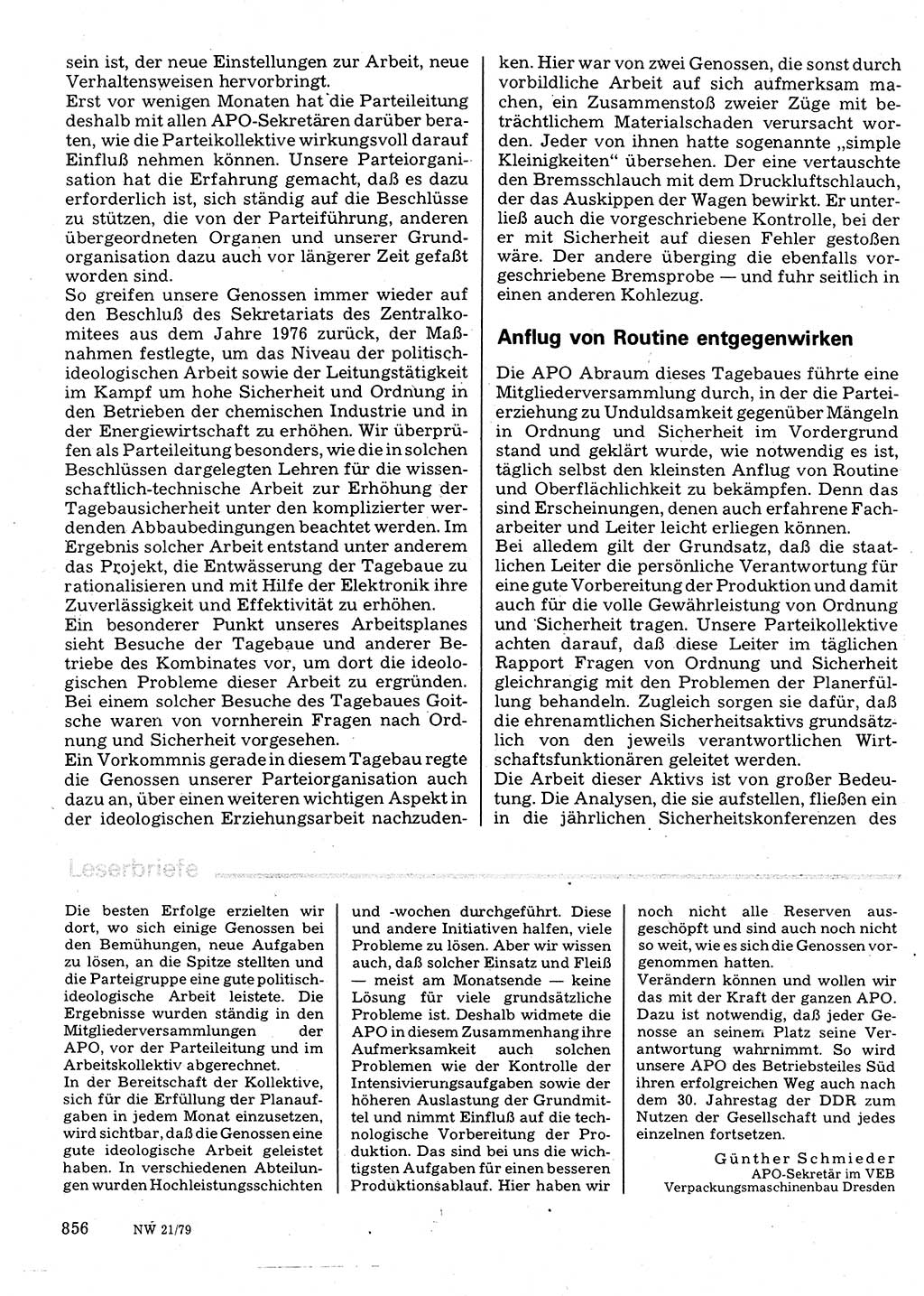 Neuer Weg (NW), Organ des Zentralkomitees (ZK) der SED (Sozialistische Einheitspartei Deutschlands) für Fragen des Parteilebens, 34. Jahrgang [Deutsche Demokratische Republik (DDR)] 1979, Seite 856 (NW ZK SED DDR 1979, S. 856)