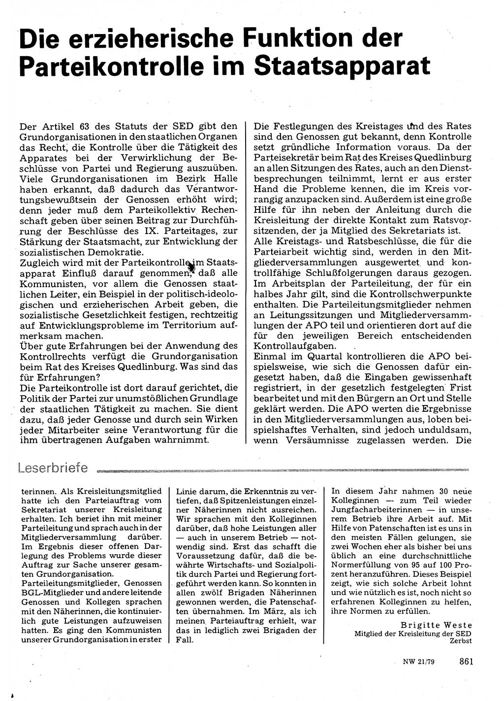 Neuer Weg (NW), Organ des Zentralkomitees (ZK) der SED (Sozialistische Einheitspartei Deutschlands) für Fragen des Parteilebens, 34. Jahrgang [Deutsche Demokratische Republik (DDR)] 1979, Seite 861 (NW ZK SED DDR 1979, S. 861)