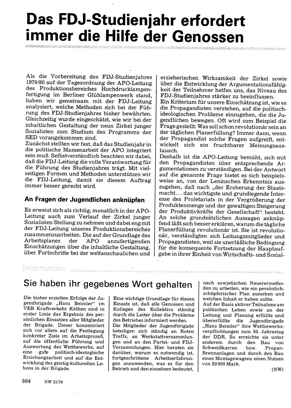 Neuer Weg (NW), Organ des Zentralkomitees (ZK) der SED (Sozialistische Einheitspartei Deutschlands) für Fragen des Parteilebens, 34. Jahrgang [Deutsche Demokratische Republik (DDR)] 1979, Seite 864 (NW ZK SED DDR 1979, S. 864)