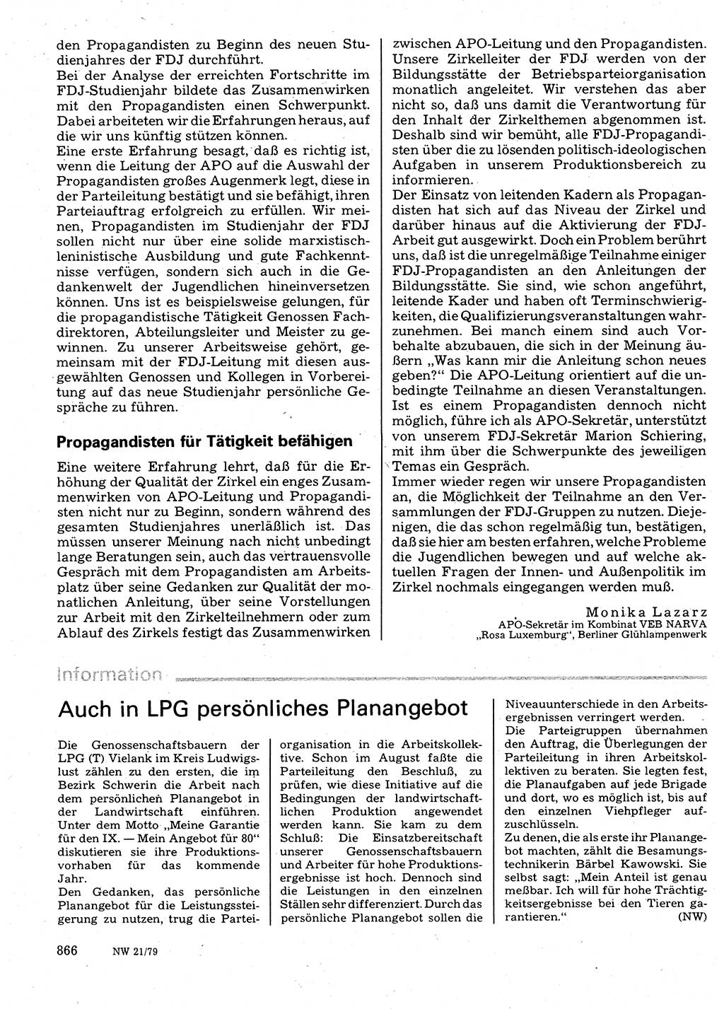 Neuer Weg (NW), Organ des Zentralkomitees (ZK) der SED (Sozialistische Einheitspartei Deutschlands) für Fragen des Parteilebens, 34. Jahrgang [Deutsche Demokratische Republik (DDR)] 1979, Seite 866 (NW ZK SED DDR 1979, S. 866)