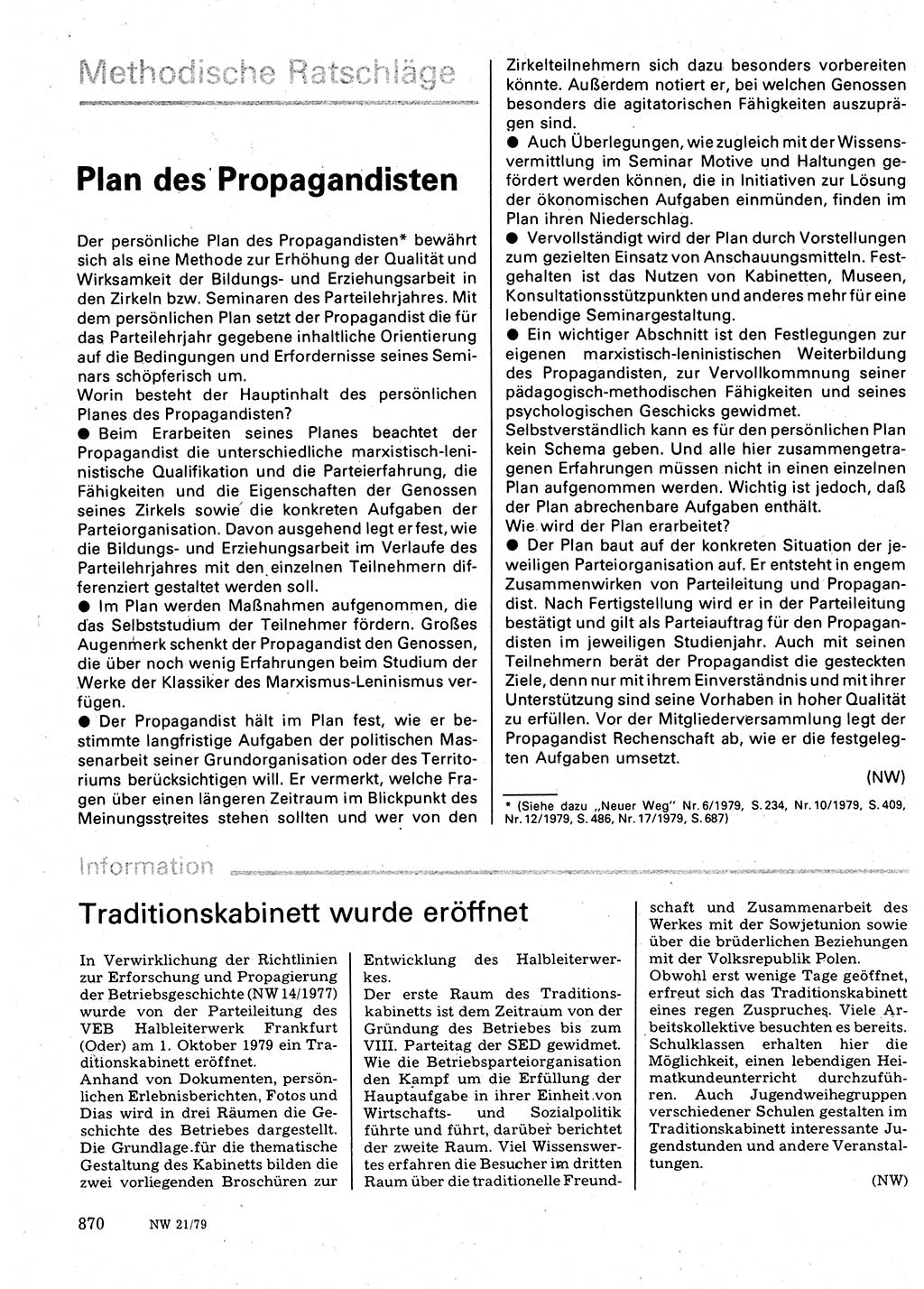 Neuer Weg (NW), Organ des Zentralkomitees (ZK) der SED (Sozialistische Einheitspartei Deutschlands) für Fragen des Parteilebens, 34. Jahrgang [Deutsche Demokratische Republik (DDR)] 1979, Seite 870 (NW ZK SED DDR 1979, S. 870)