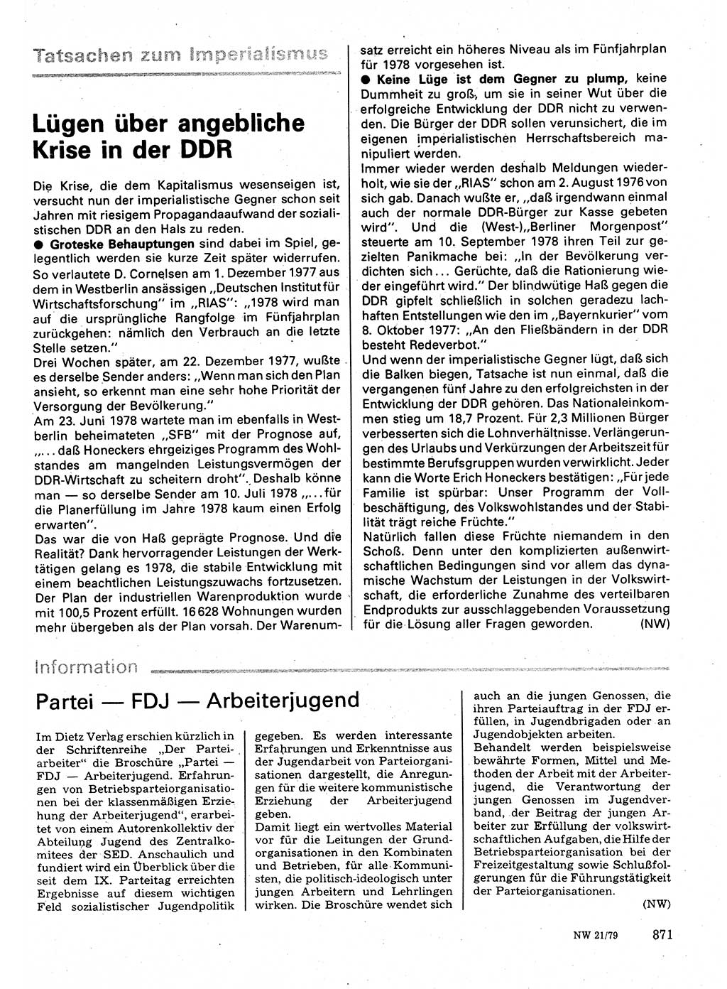 Neuer Weg (NW), Organ des Zentralkomitees (ZK) der SED (Sozialistische Einheitspartei Deutschlands) für Fragen des Parteilebens, 34. Jahrgang [Deutsche Demokratische Republik (DDR)] 1979, Seite 871 (NW ZK SED DDR 1979, S. 871)