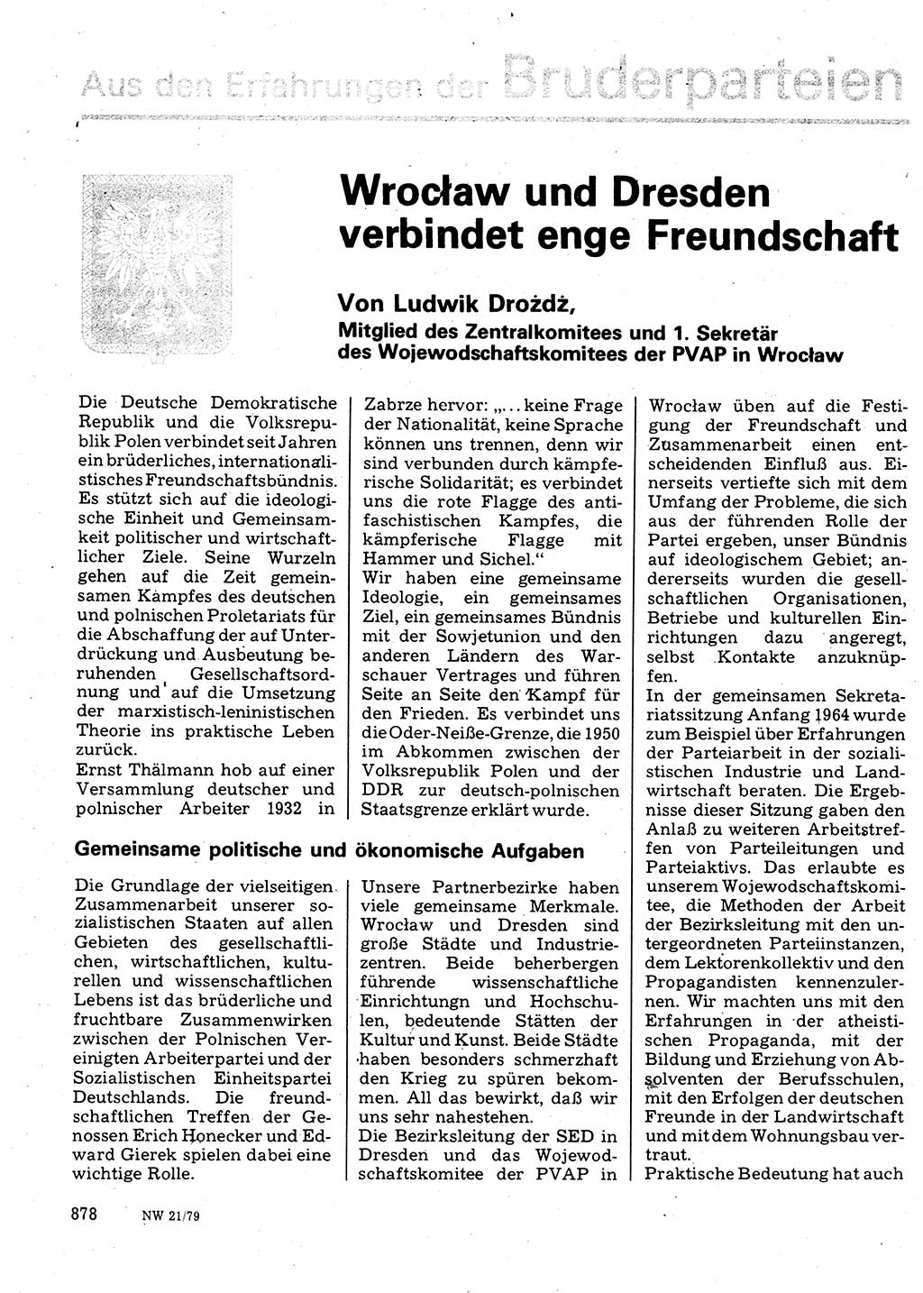 Neuer Weg (NW), Organ des Zentralkomitees (ZK) der SED (Sozialistische Einheitspartei Deutschlands) für Fragen des Parteilebens, 34. Jahrgang [Deutsche Demokratische Republik (DDR)] 1979, Seite 878 (NW ZK SED DDR 1979, S. 878)