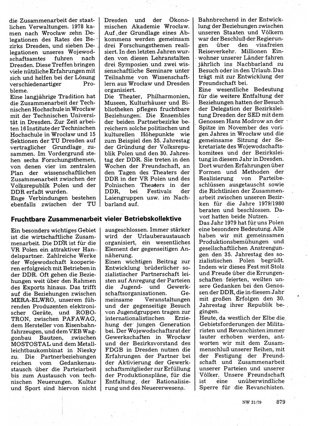 Neuer Weg (NW), Organ des Zentralkomitees (ZK) der SED (Sozialistische Einheitspartei Deutschlands) für Fragen des Parteilebens, 34. Jahrgang [Deutsche Demokratische Republik (DDR)] 1979, Seite 879 (NW ZK SED DDR 1979, S. 879)