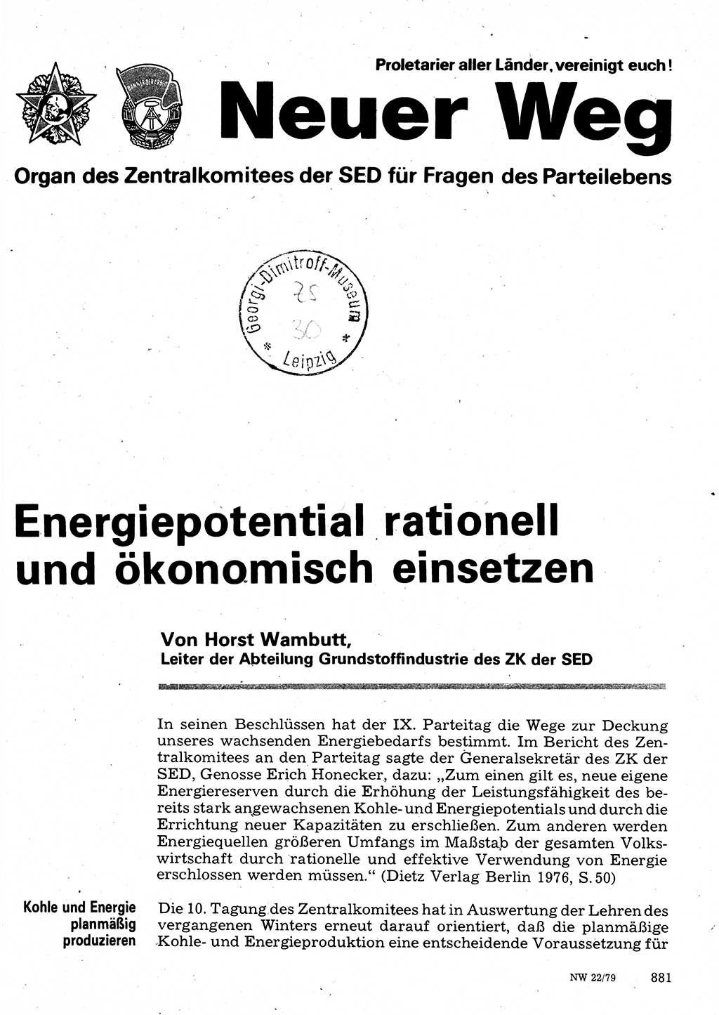 Neuer Weg (NW), Organ des Zentralkomitees (ZK) der SED (Sozialistische Einheitspartei Deutschlands) für Fragen des Parteilebens, 34. Jahrgang [Deutsche Demokratische Republik (DDR)] 1979, Seite 881 (NW ZK SED DDR 1979, S. 881)